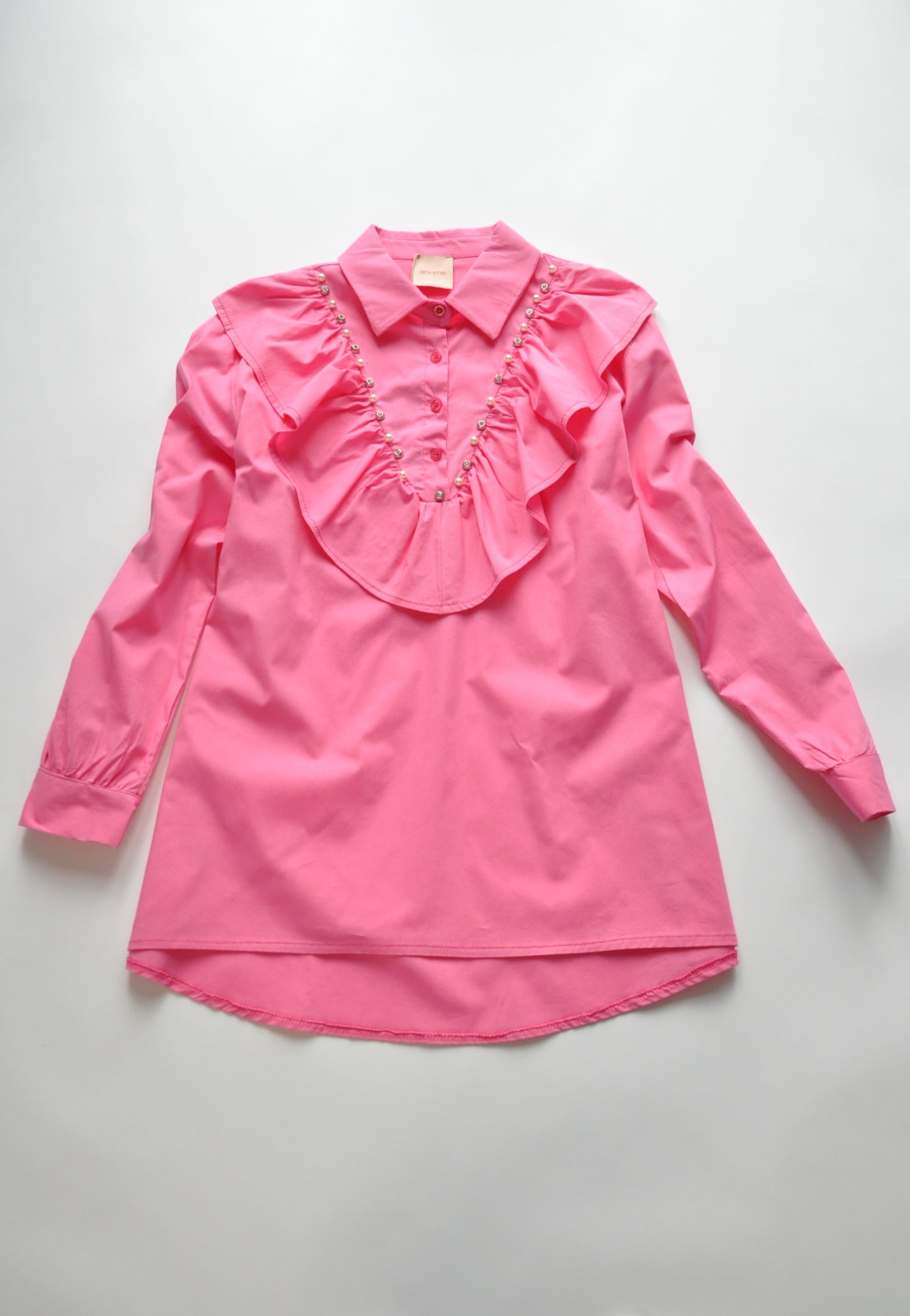 Crystal embellished pink ruffle oversize shirt