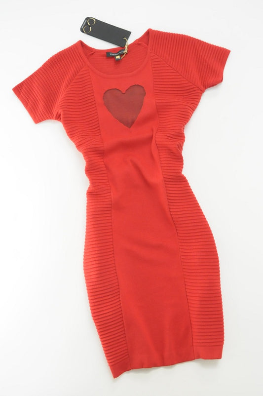 Red Knitted Heart Sheer Neck Bodycon Dress