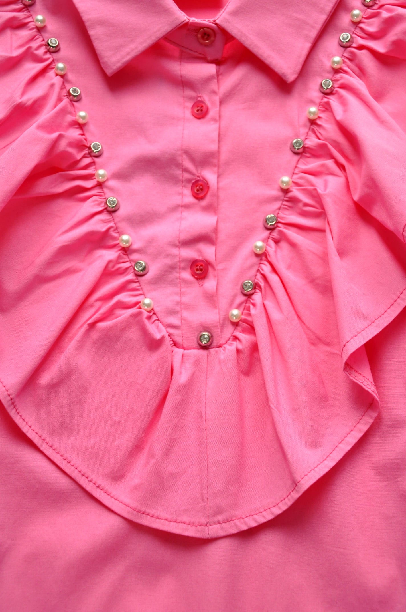 Crystal embellished pink ruffle oversize shirt