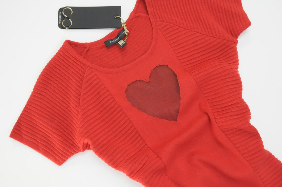 Red Knitted Heart Sheer Neck Bodycon Dress