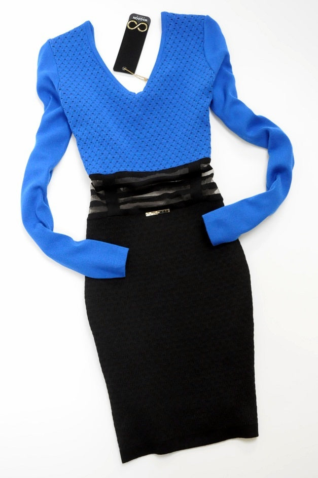 Blue Knitted Sheer Waist Jumper Dress