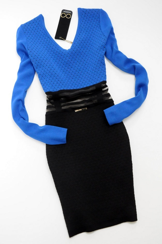 Blue Knitted Sheer Waist Jumper Dress