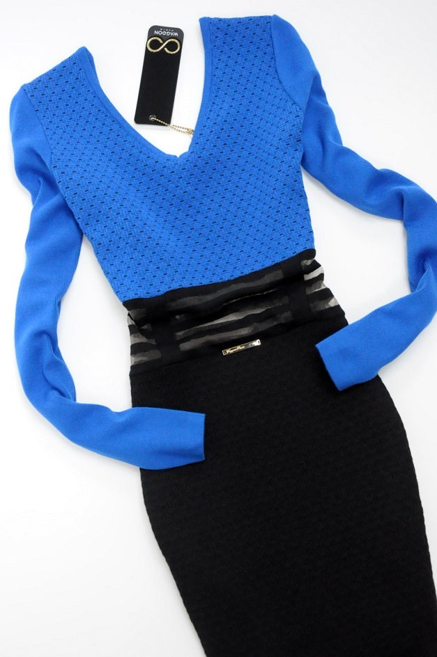 Blue Knitted Sheer Waist Jumper Dress