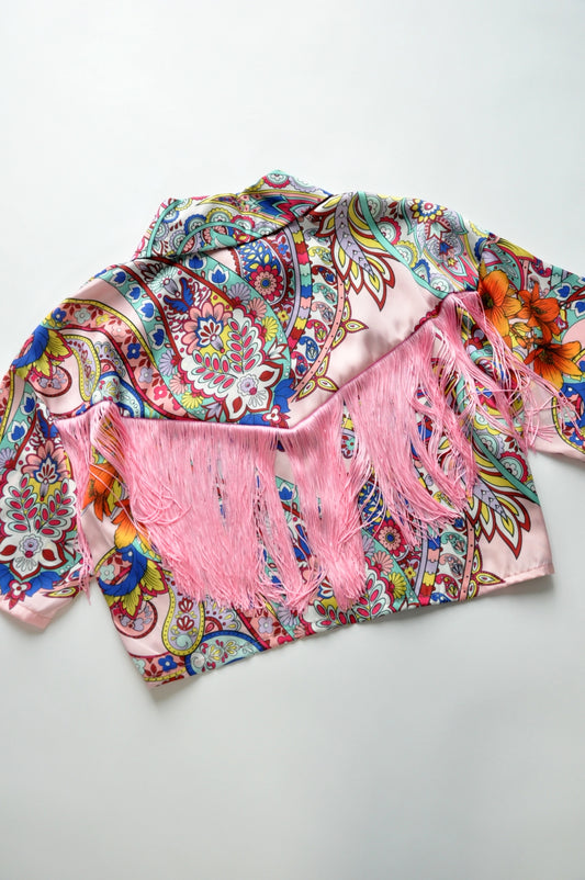 Floral collared satin crop blouse / jacket with back fringe