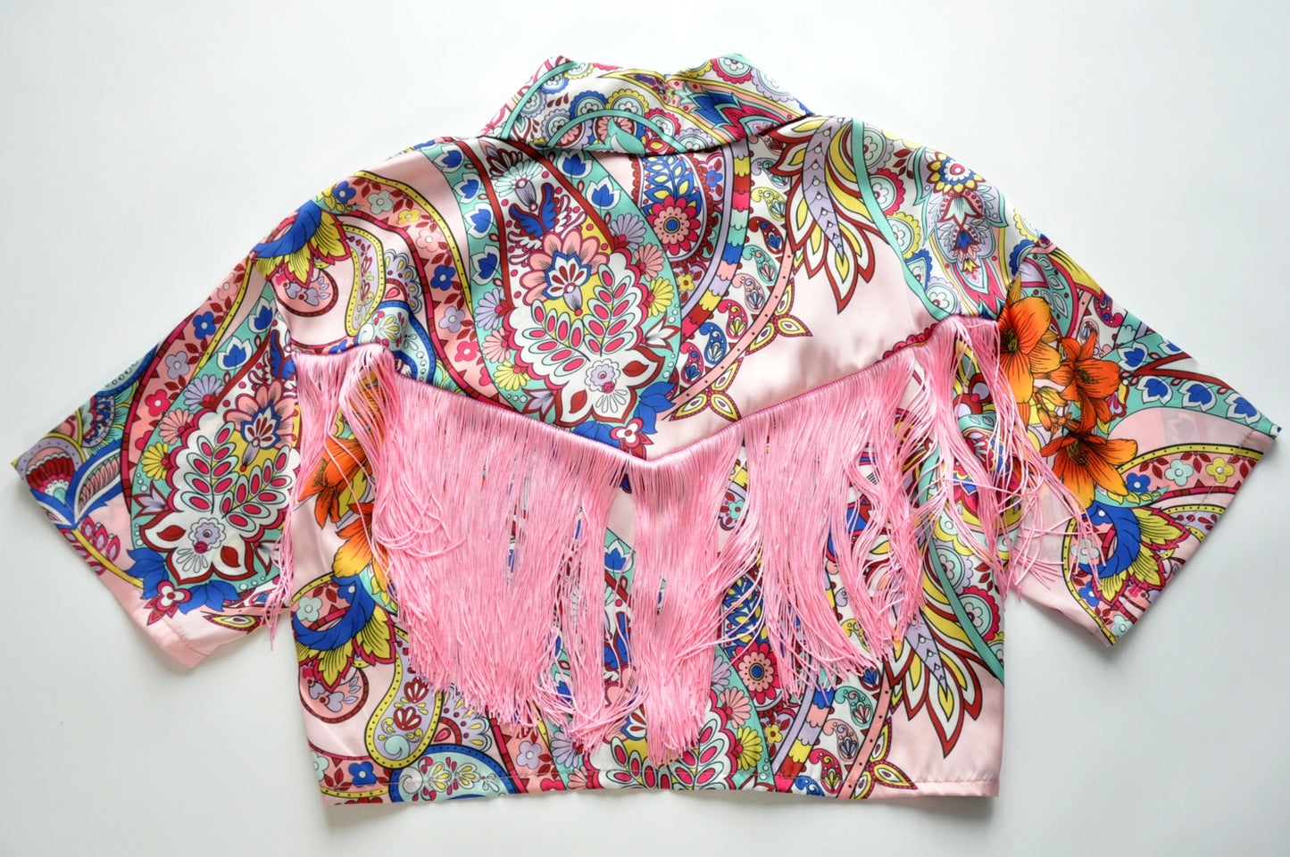 Floral collared satin crop blouse / jacket with back fringe