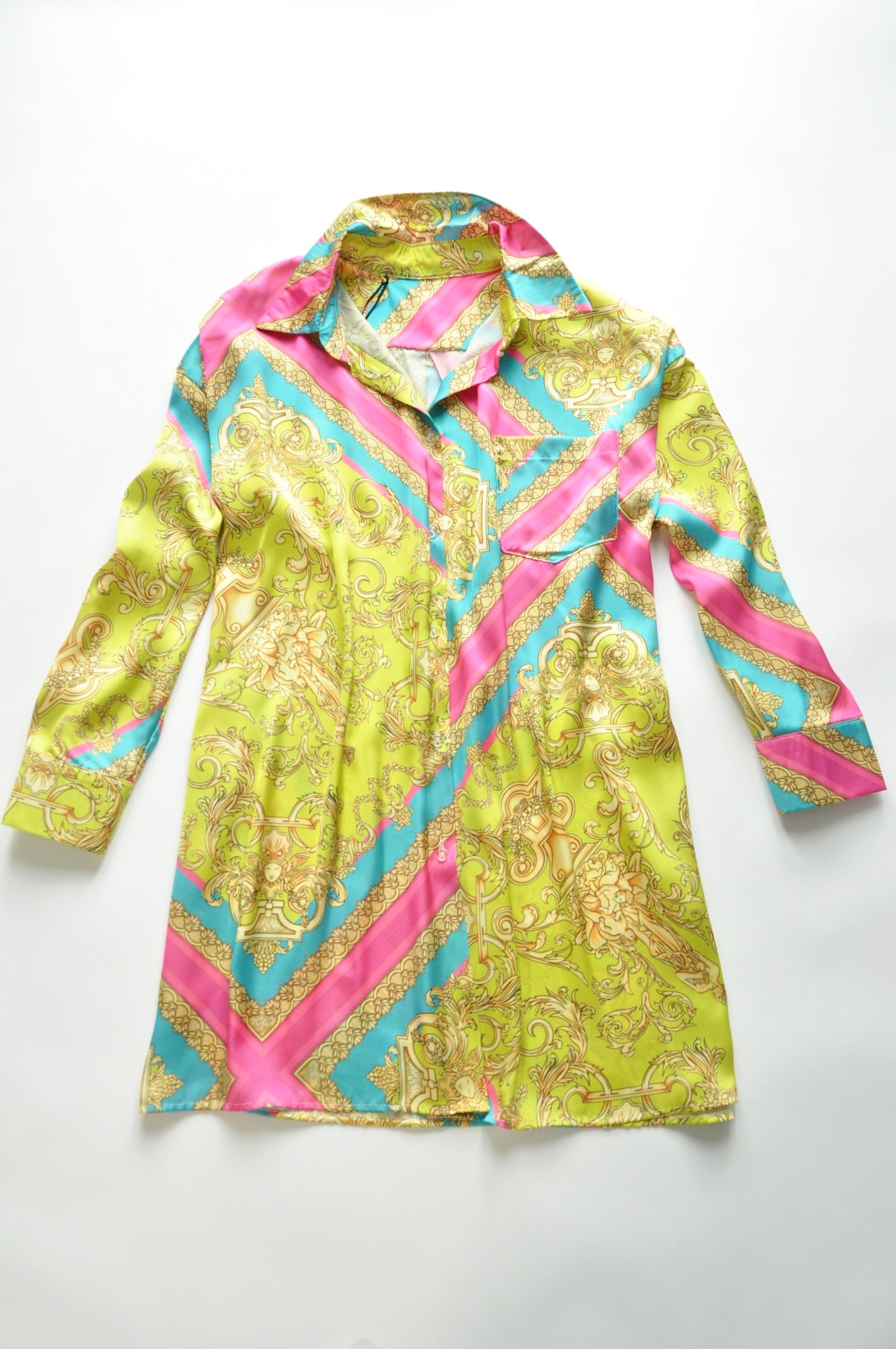 Lime and pink baroque motif shirt silk tunic dress