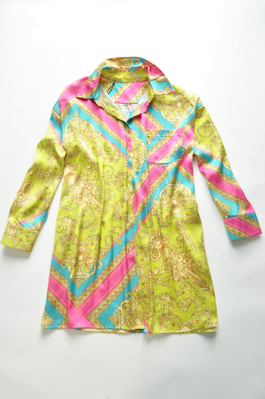 Lime and pink baroque motif shirt silk tunic dress