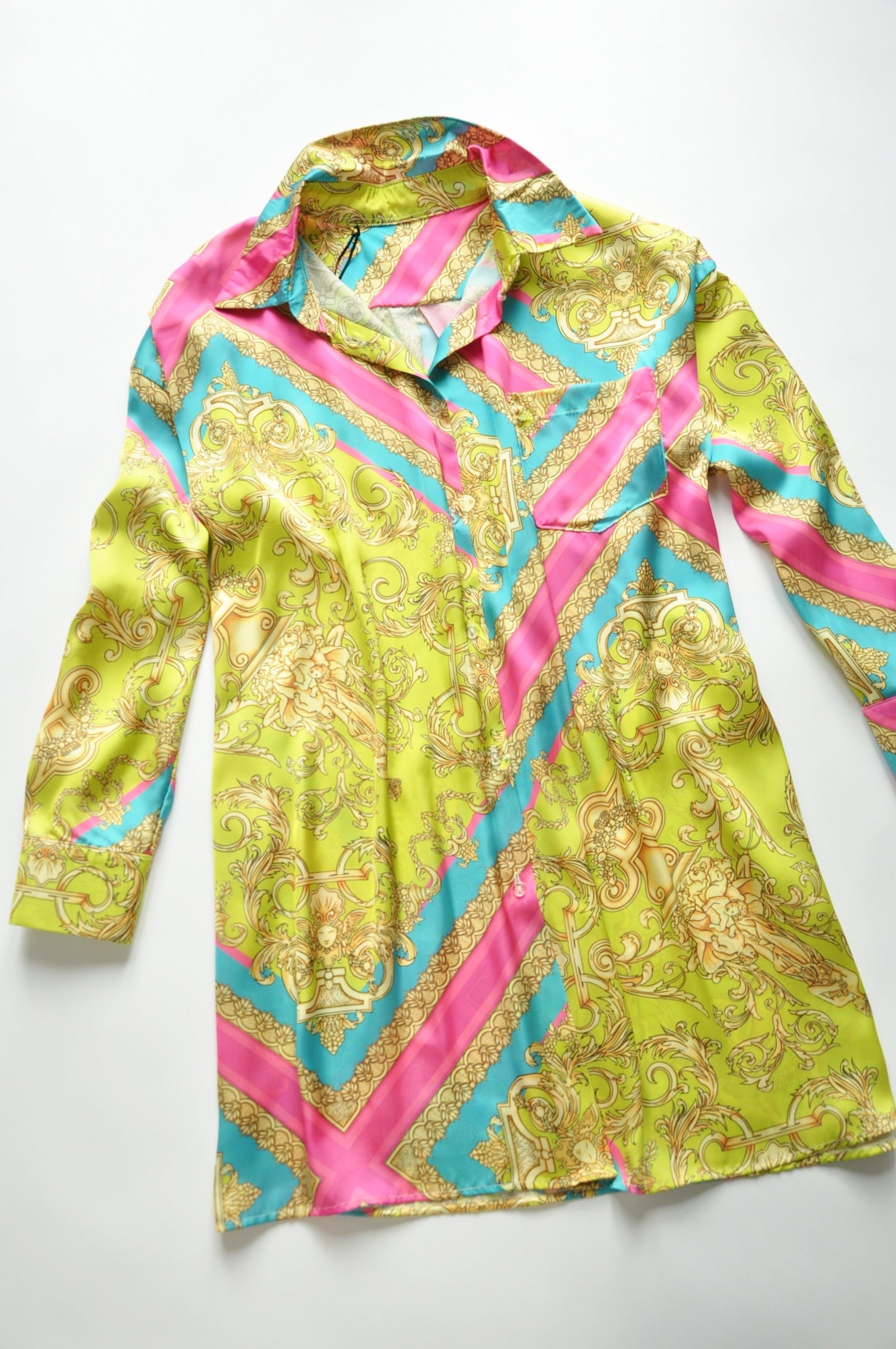 Lime and pink baroque motif shirt silk tunic dress