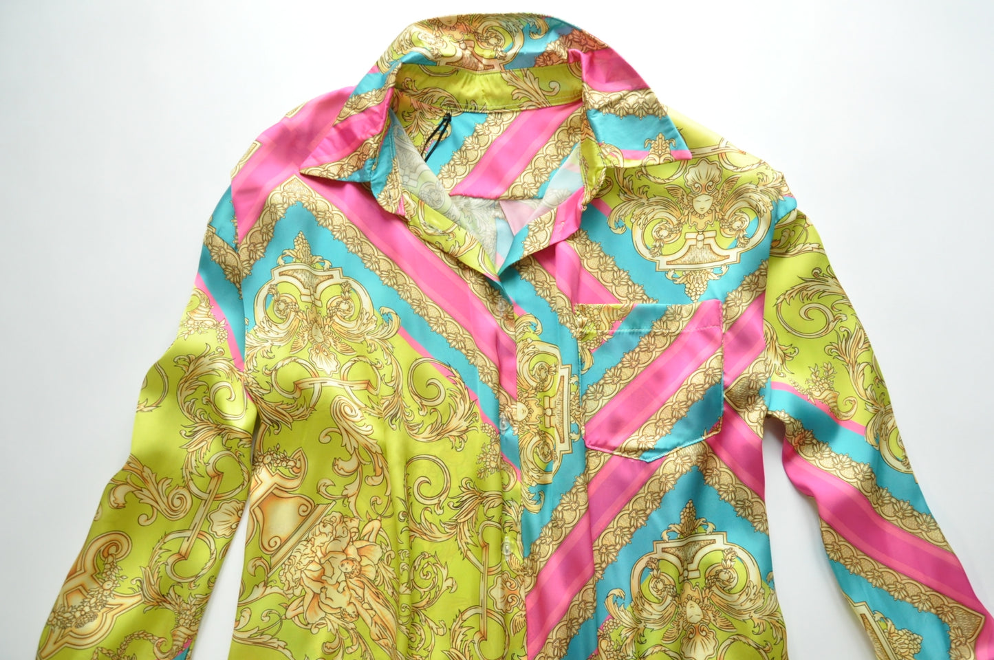 Lime and pink baroque motif shirt silk tunic dress