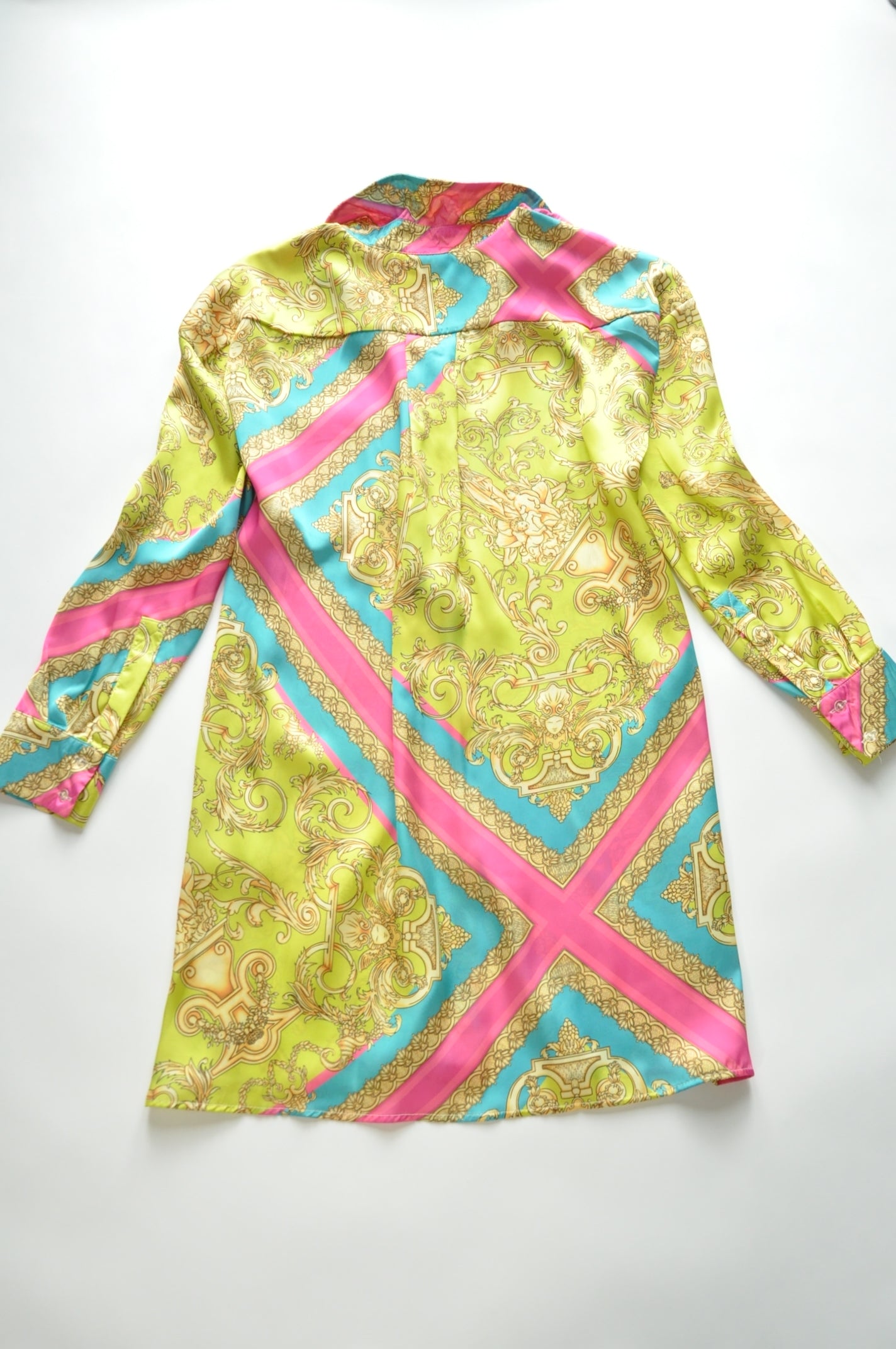 Lime and pink baroque motif shirt silk tunic dress