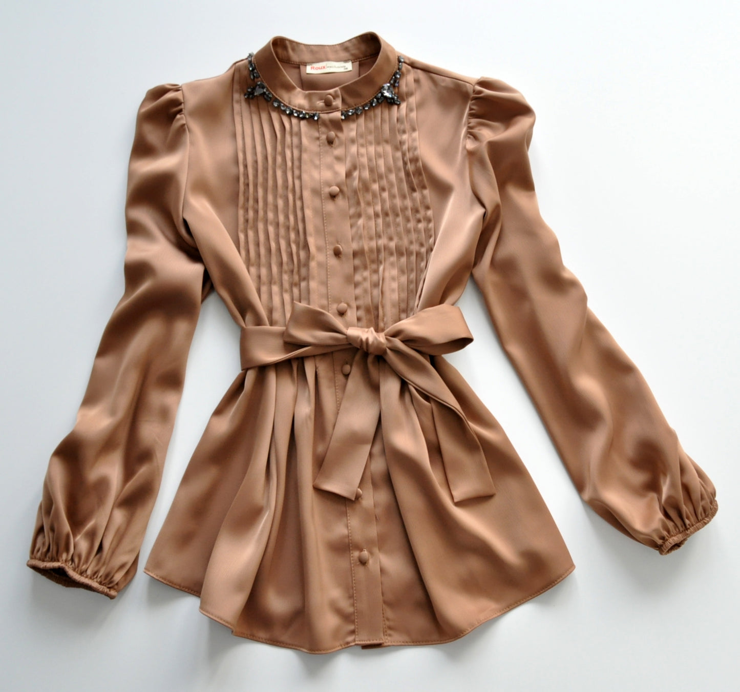 Brown embellished neck satin blouse