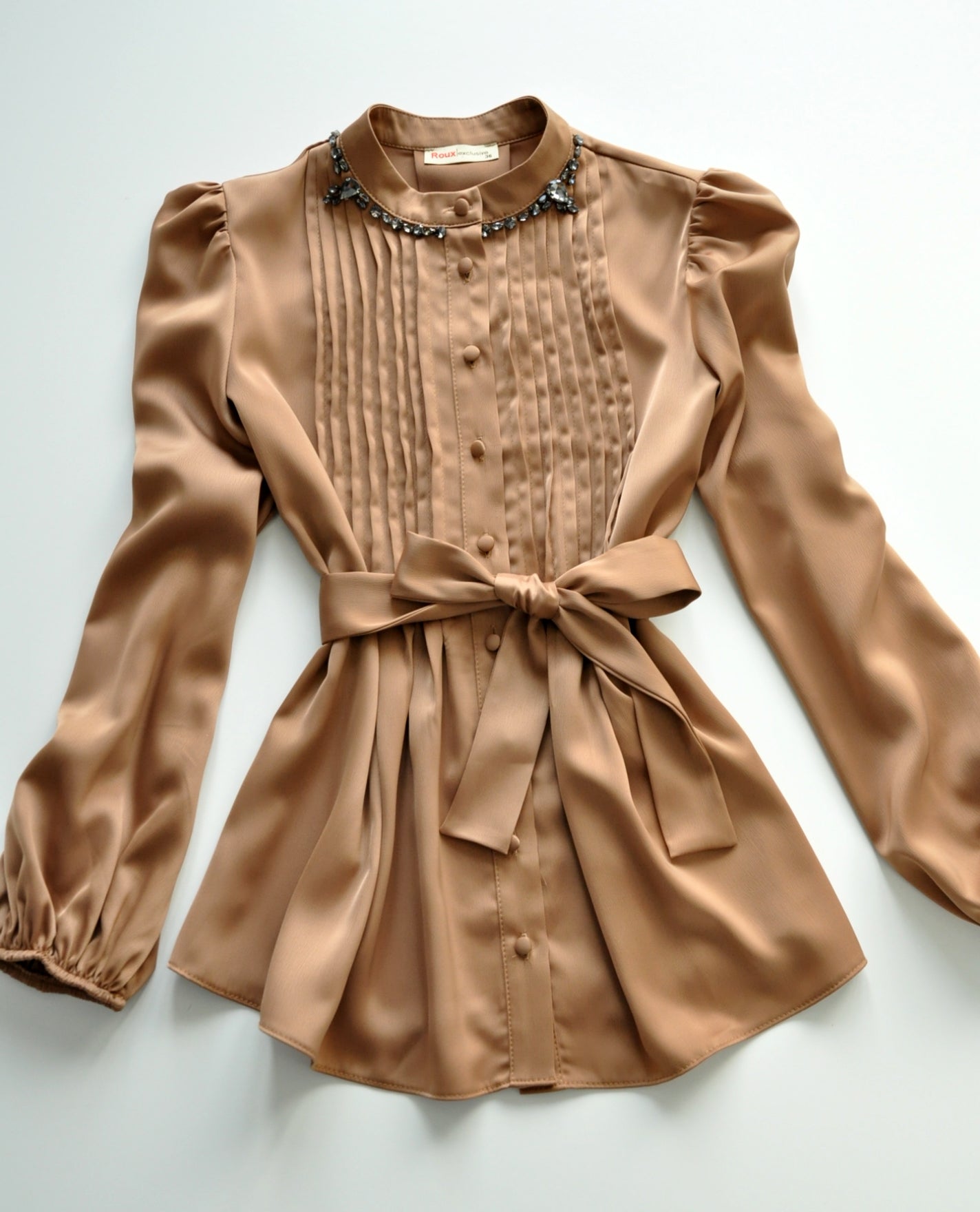 Brown embellished neck satin blouse