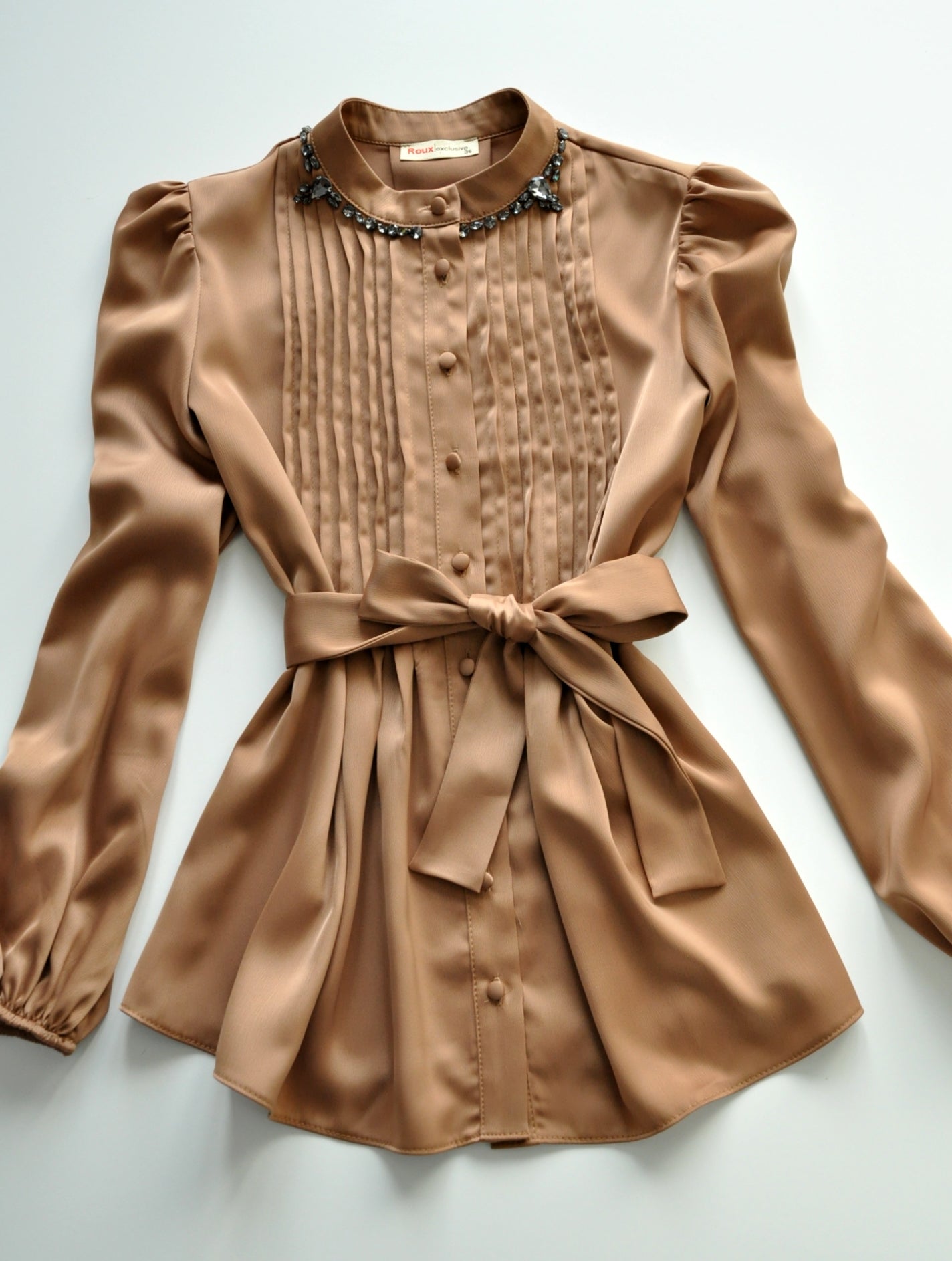 Brown embellished neck satin blouse