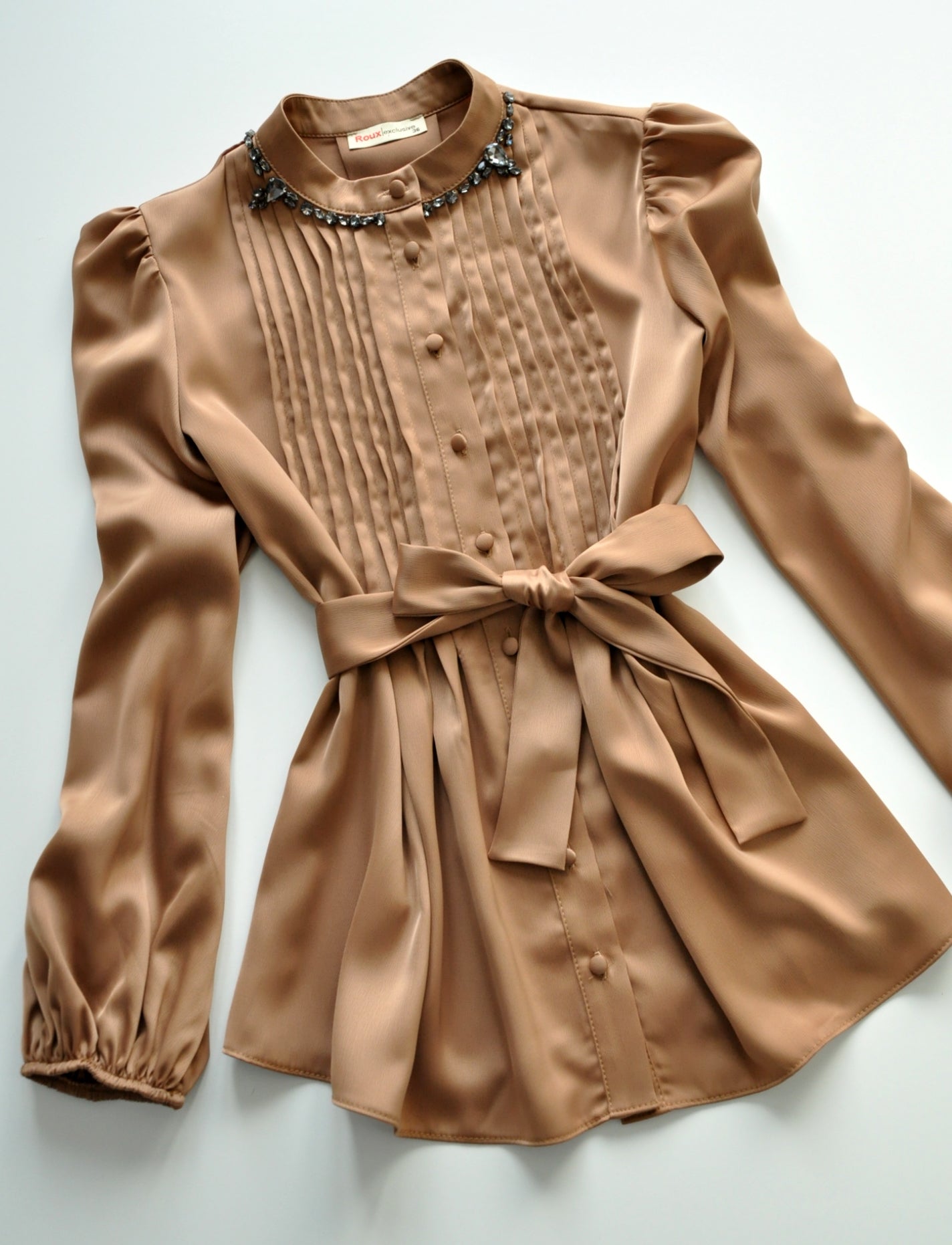 Brown embellished neck satin blouse