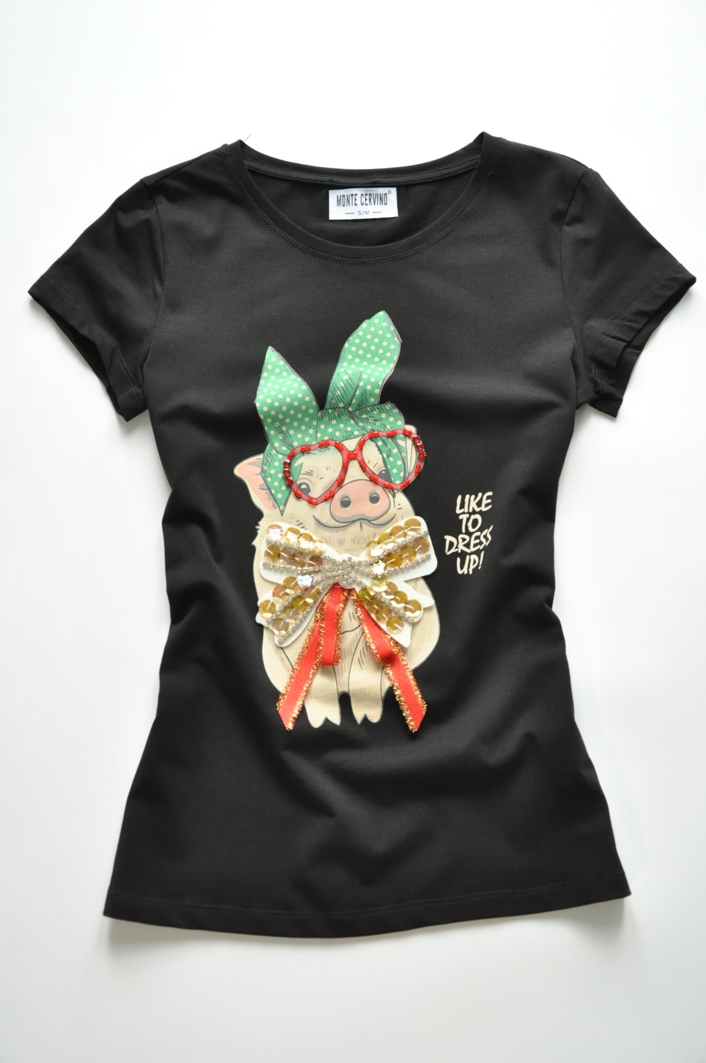 Black printed pig t-shirt with 3D details