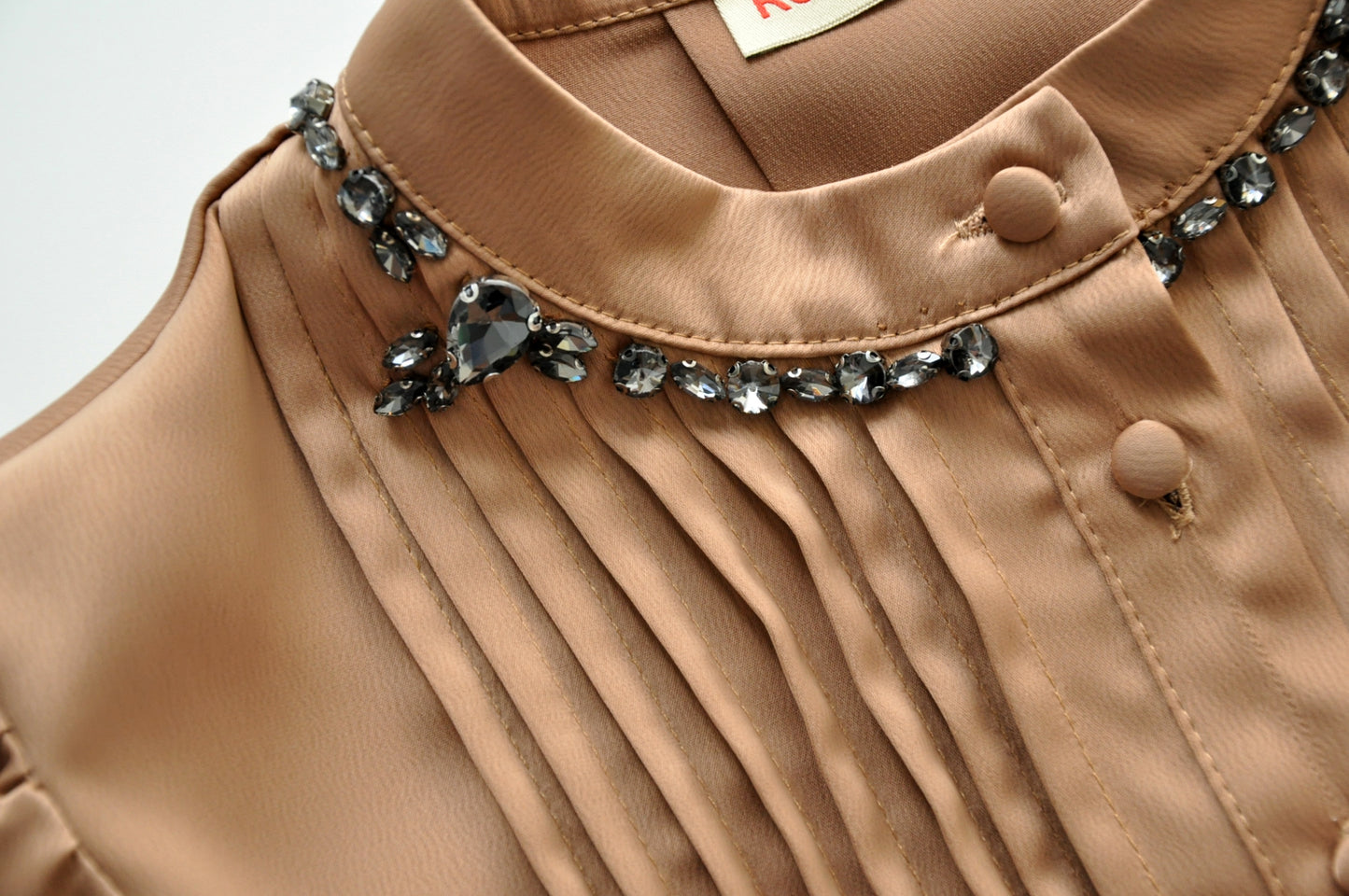 Brown embellished neck satin blouse