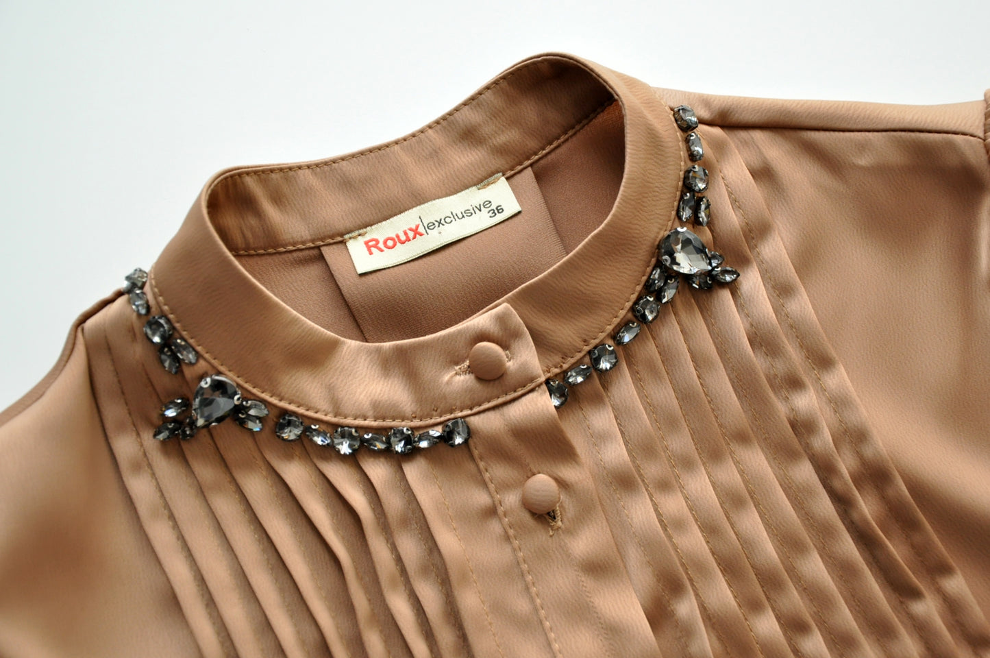 Brown embellished neck satin blouse