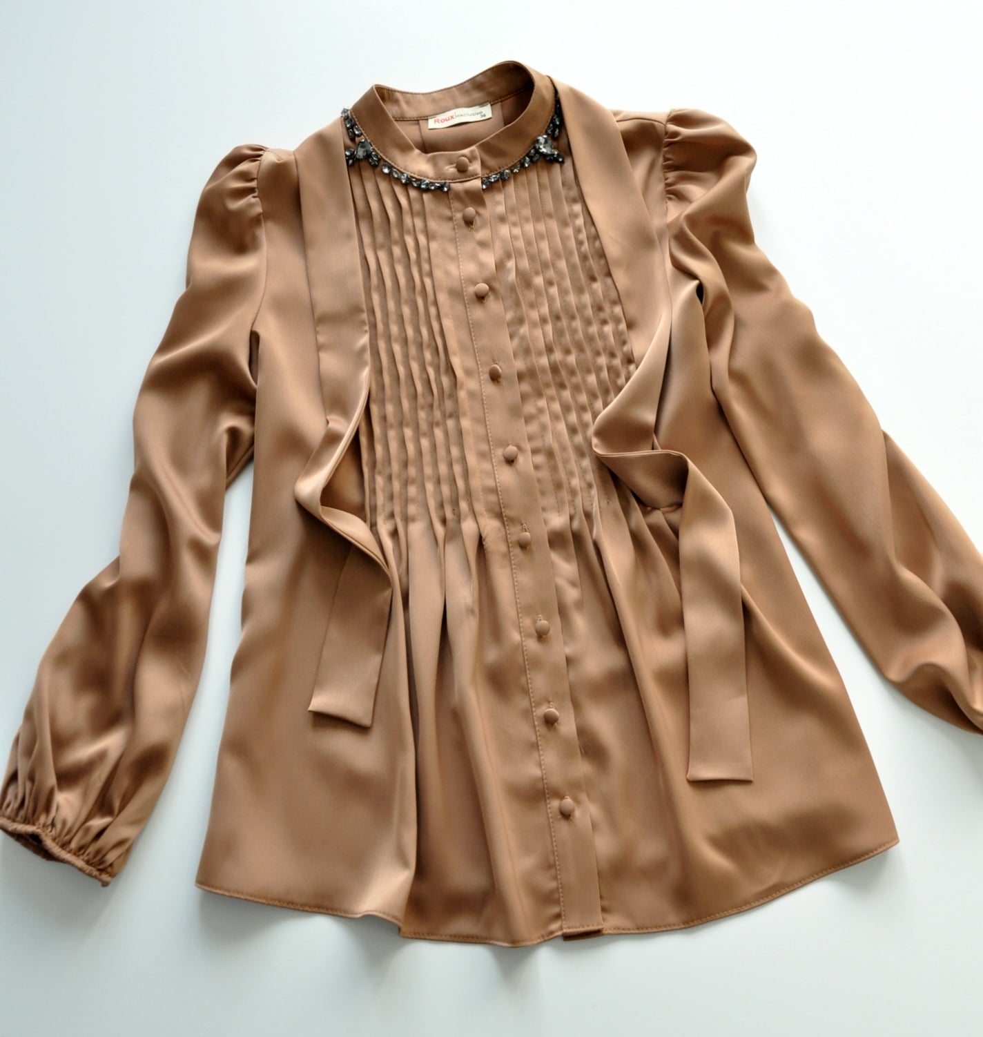 Brown embellished neck satin blouse