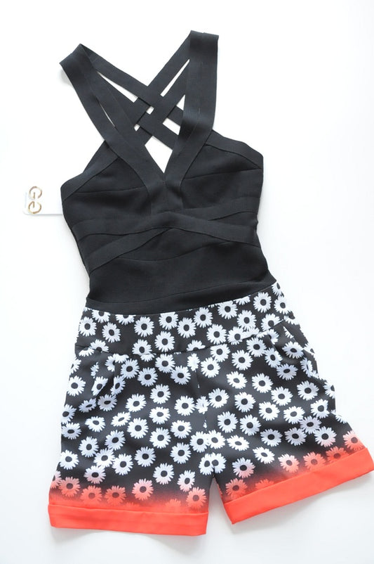 Black Bandage Style Flower Shorts Playsuit