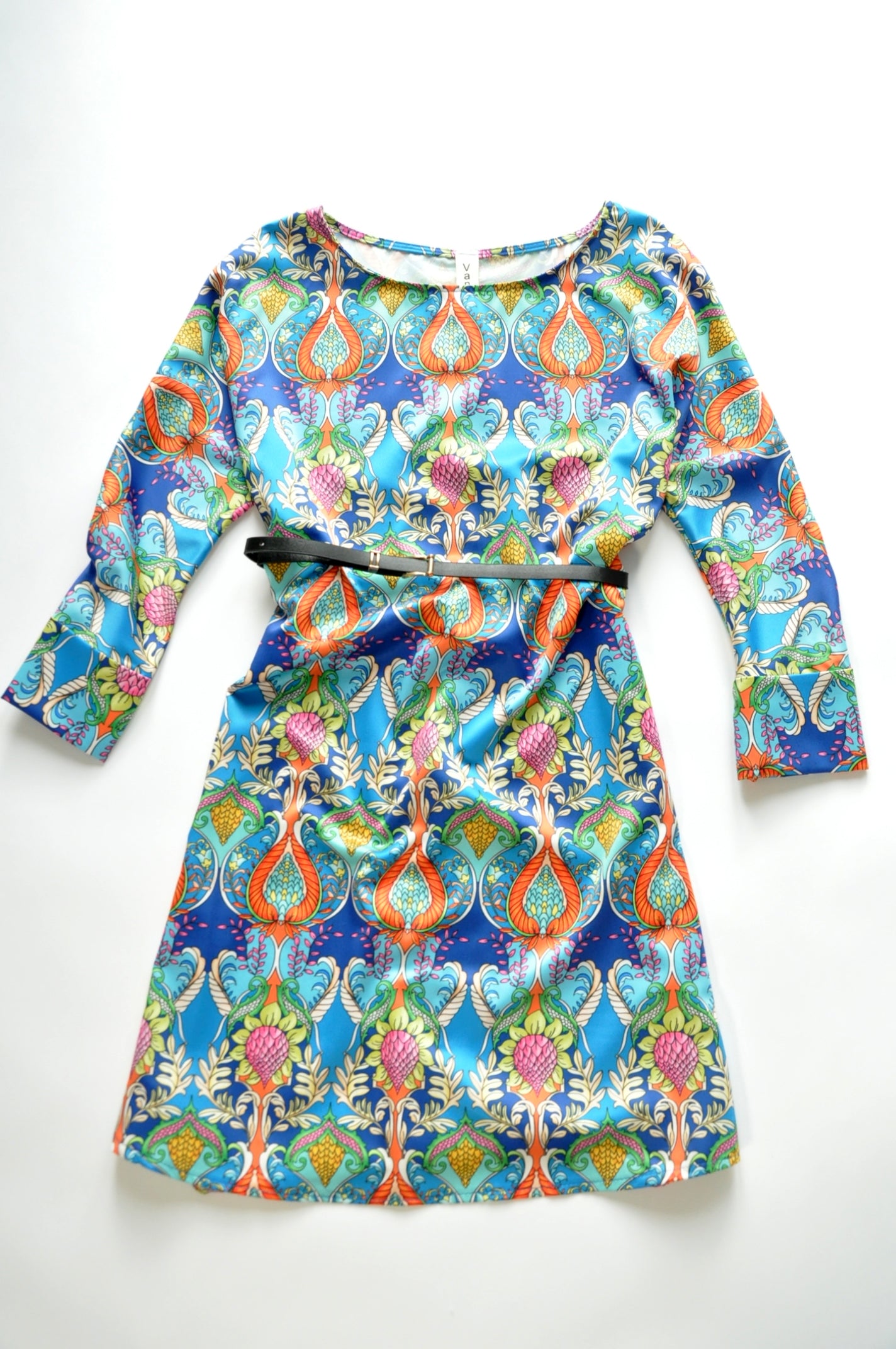 Blue flower-print silk swing dress