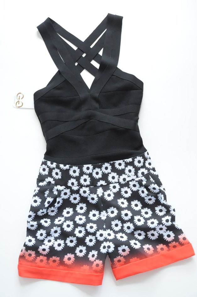 Black Bandage Style Flower Shorts Playsuit