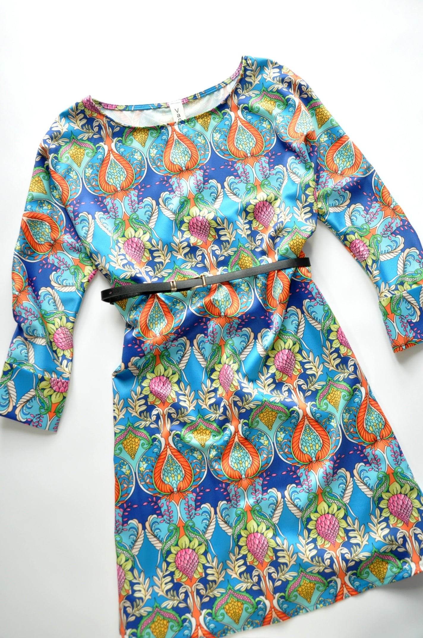 Blue flower-print silk swing dress