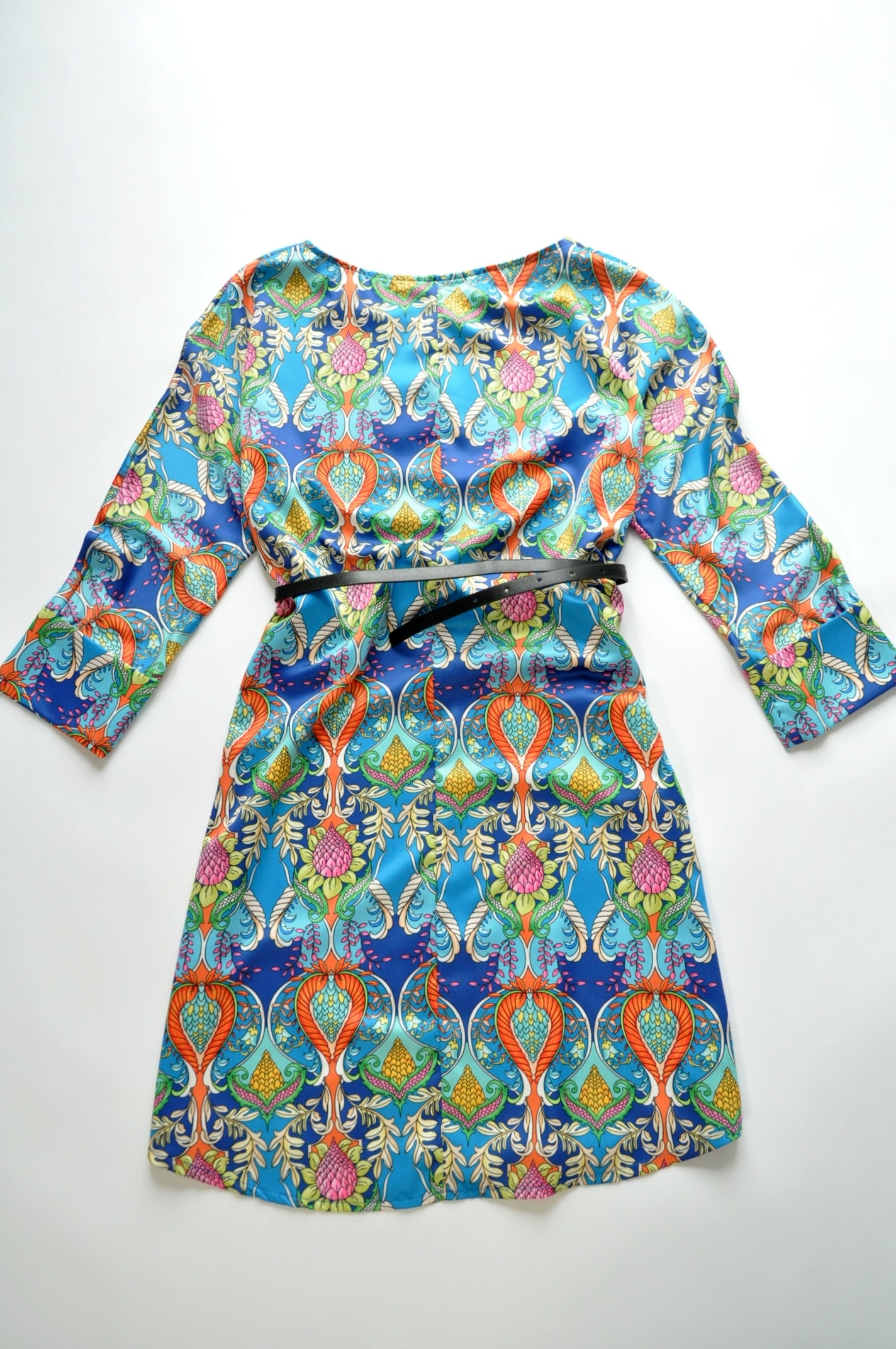 Blue flower-print silk swing dress