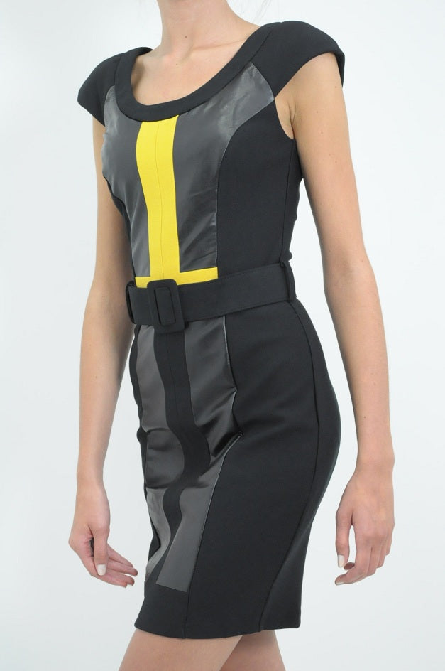 Black Faux Leather Block Jersey Bodycon Dress