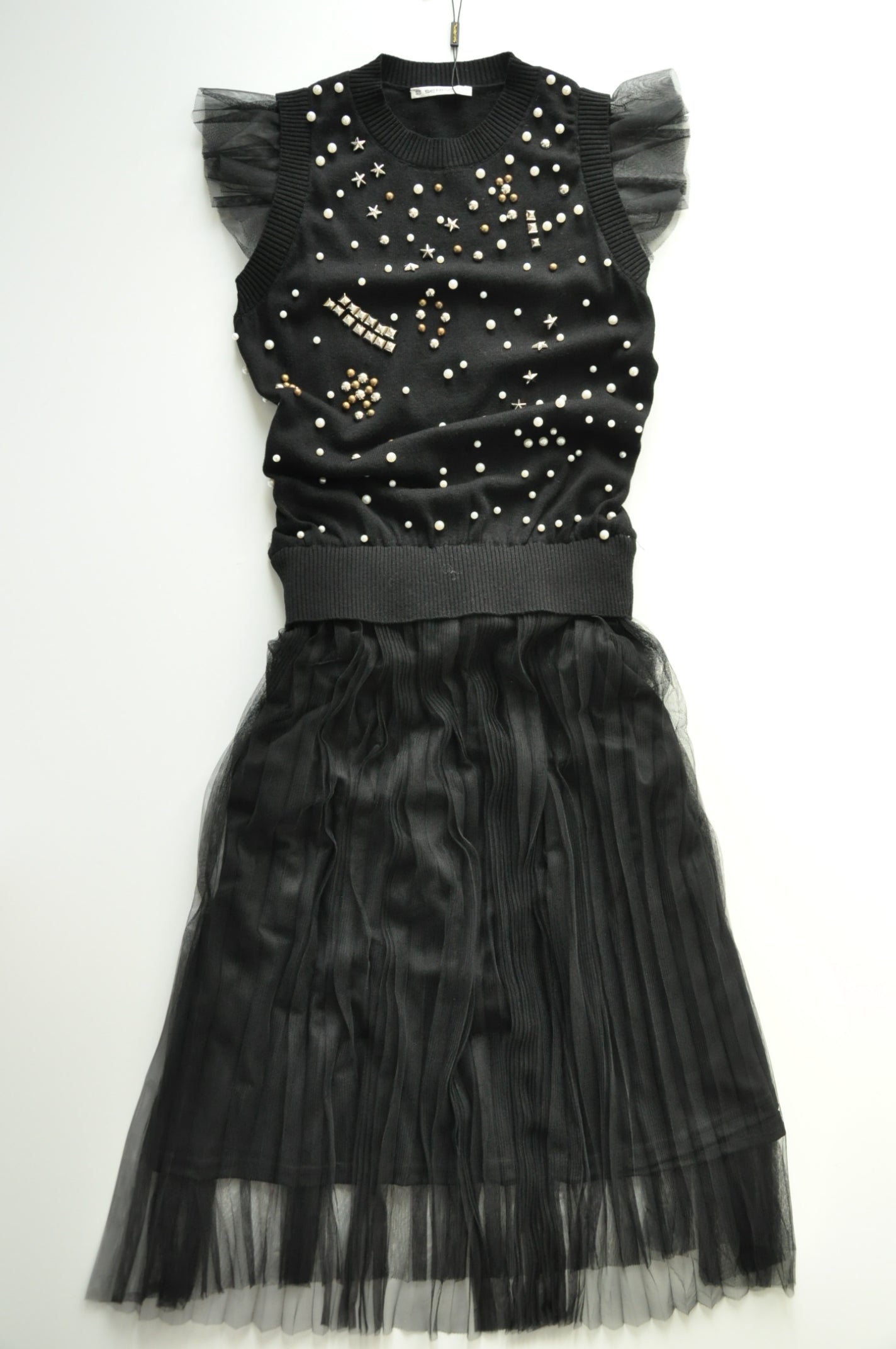 Black pearl embellished pleated dress