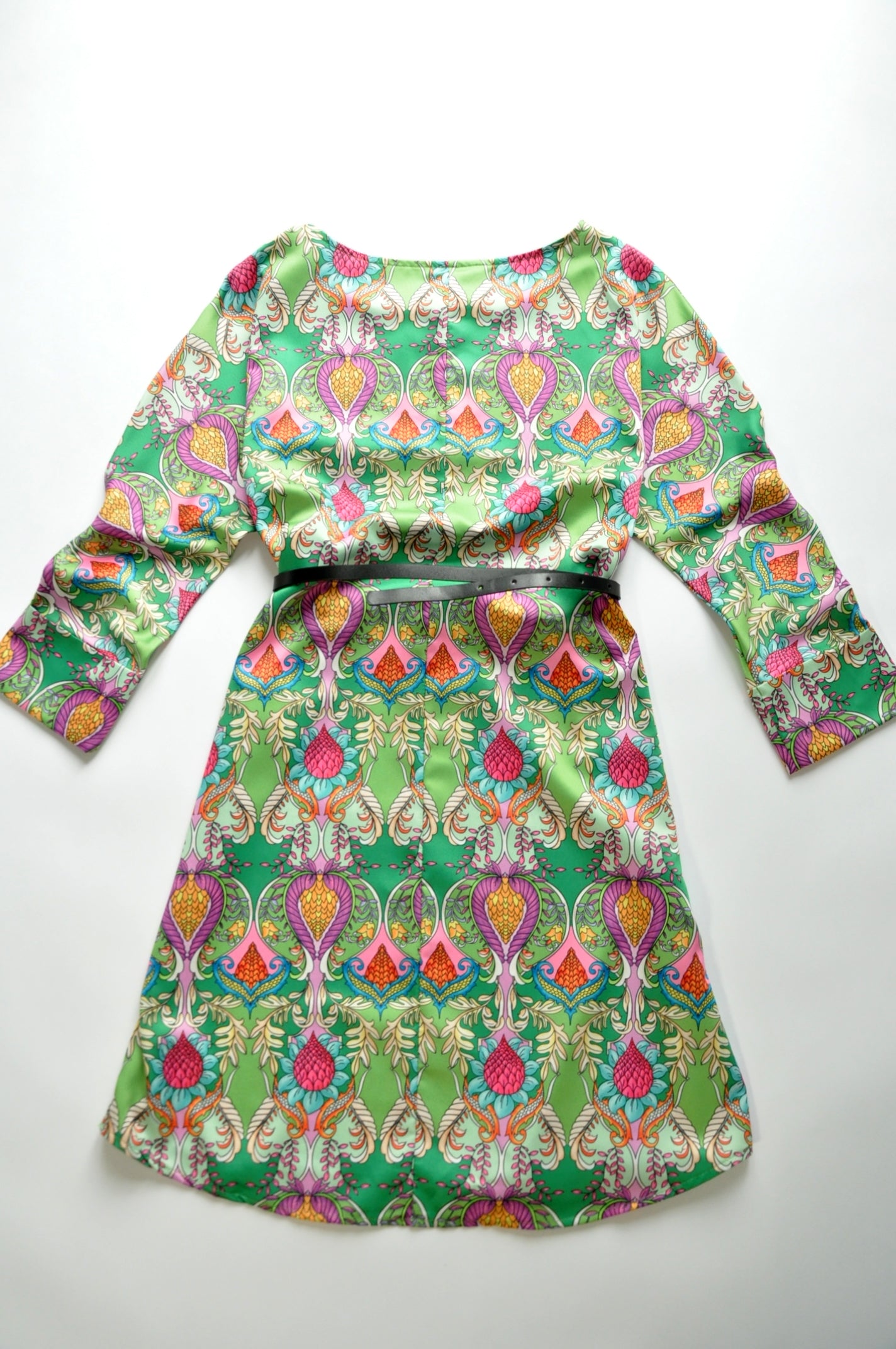 Green flower-print silk swing dress