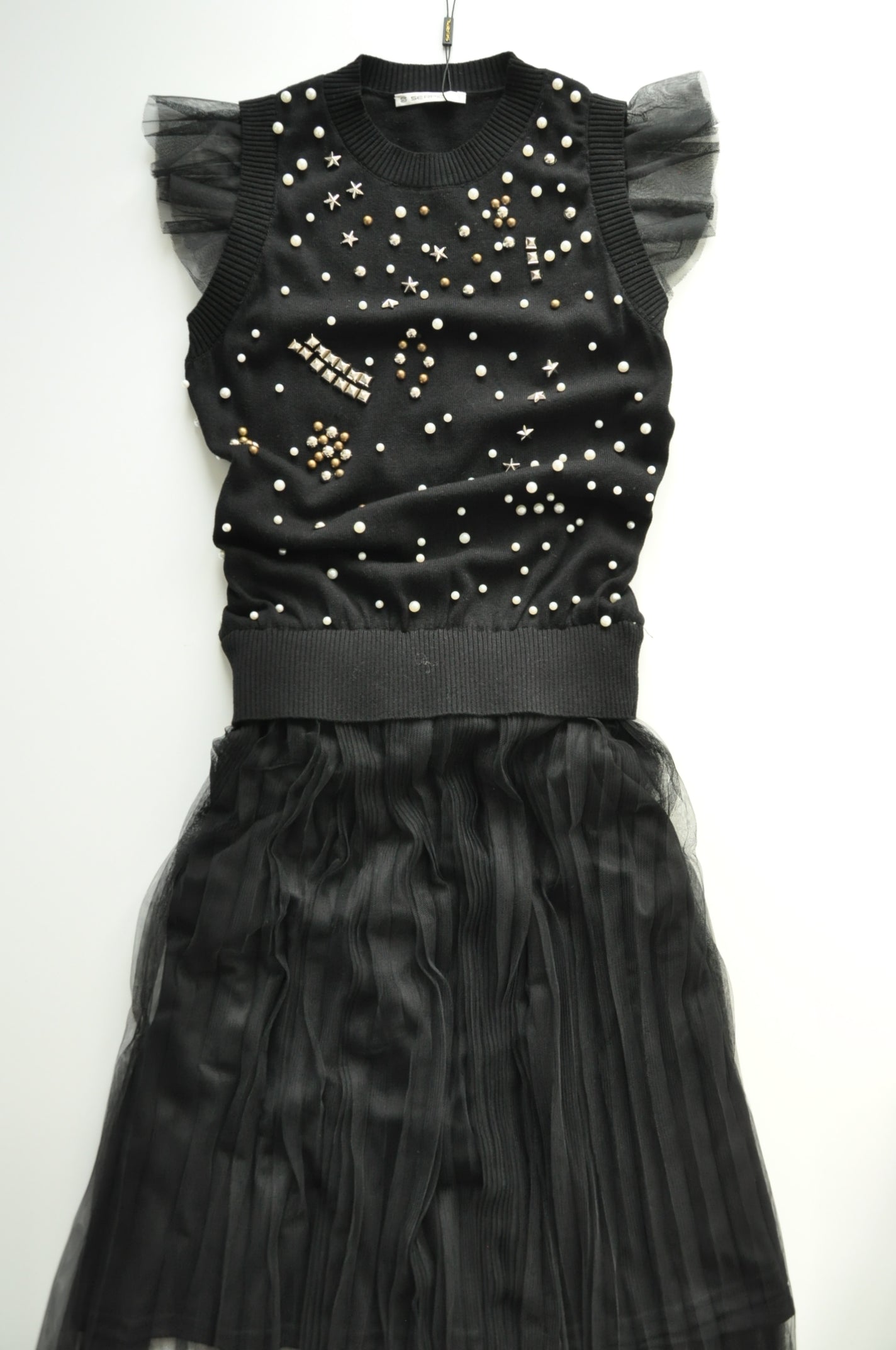 Black pearl embellished pleated dress