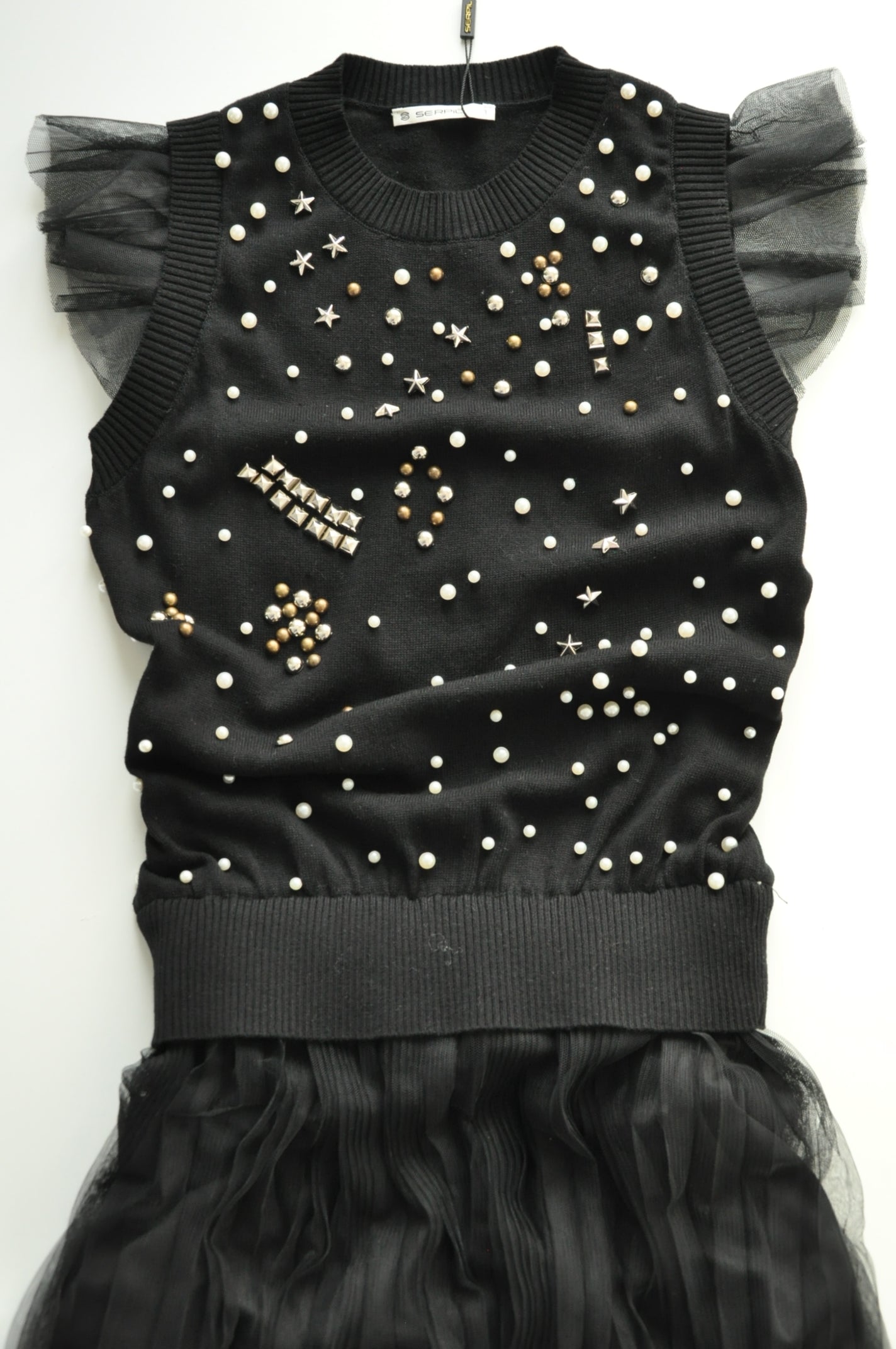 Black pearl embellished pleated dress