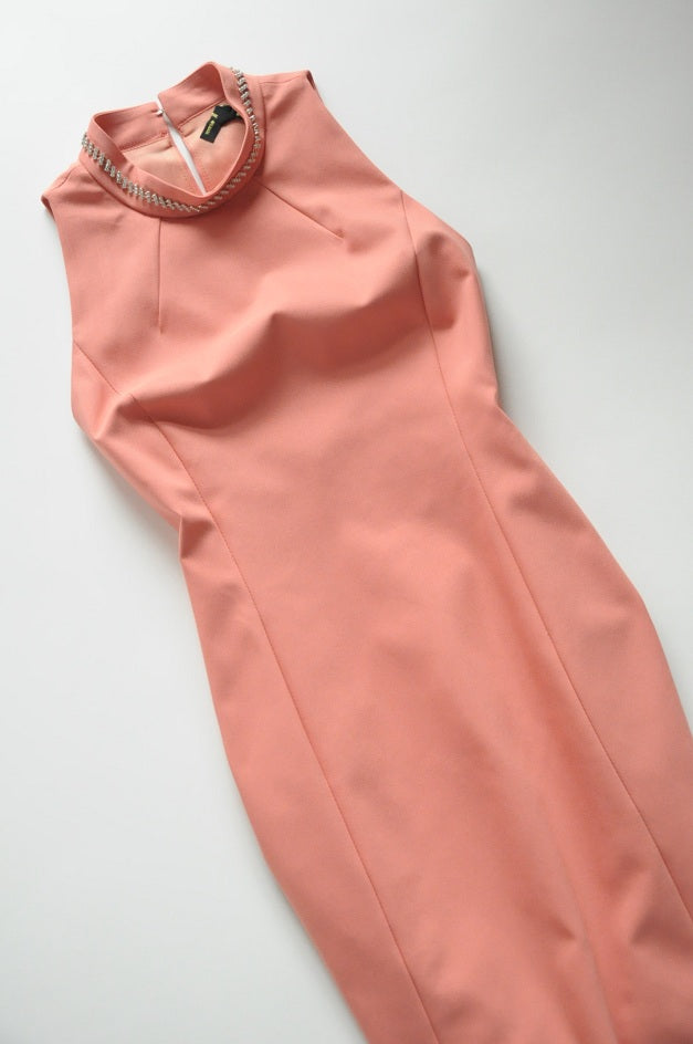 Peach Pink Neck Crystal Embellished Bodycon Dress