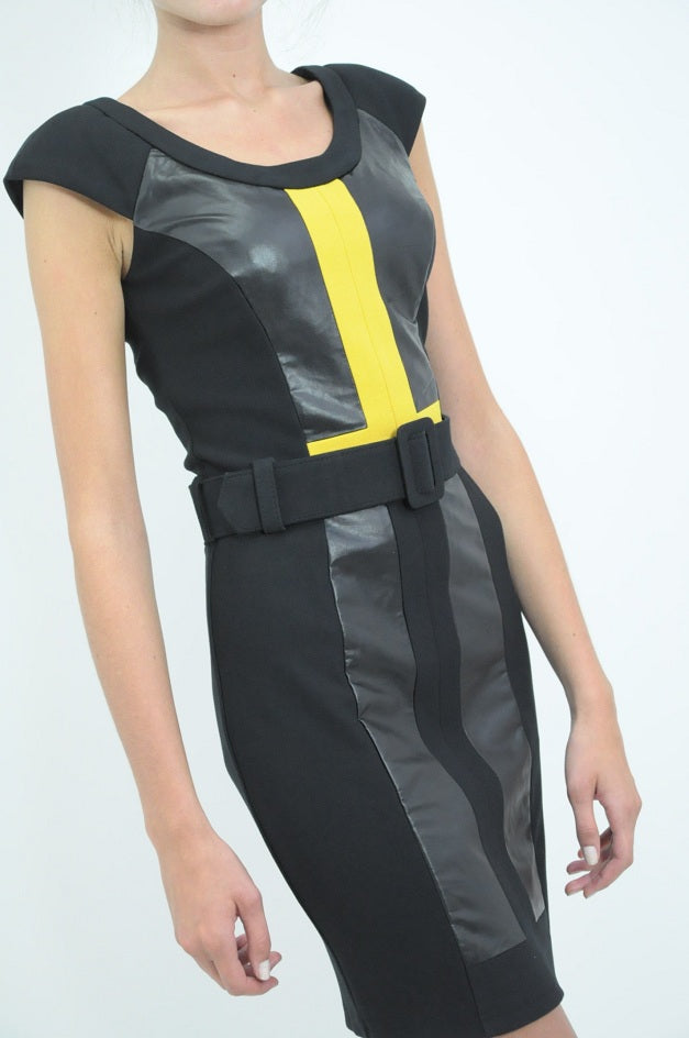 Black Faux Leather Block Jersey Bodycon Dress