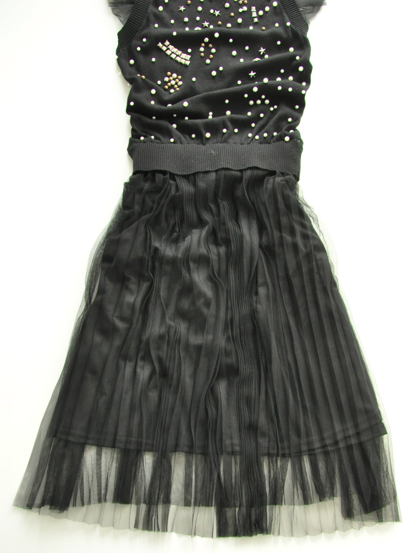 Black pearl embellished pleated dress