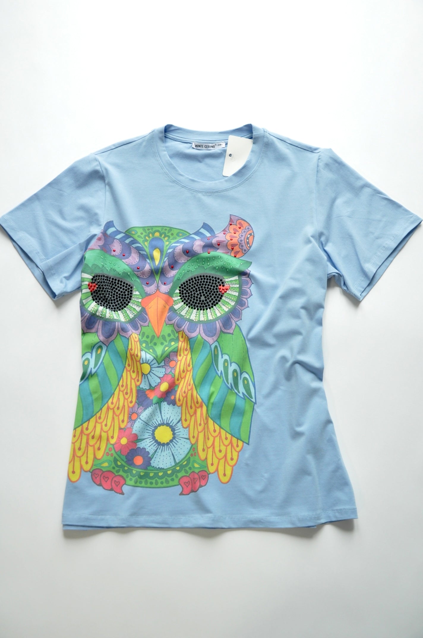 Crystal embellished Owl graphic-print blue cotton T-shirt