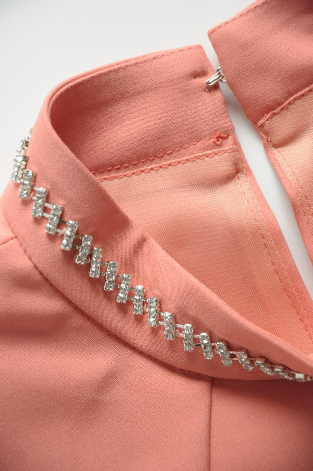 Peach Pink Neck Crystal Embellished Bodycon Dress