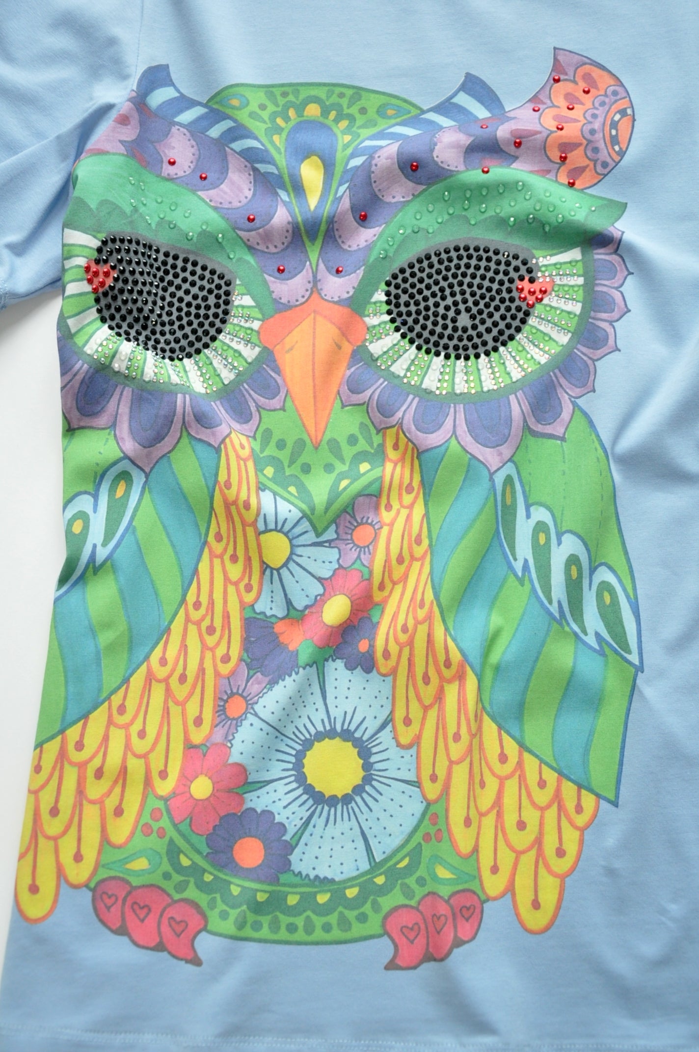 Crystal embellished Owl graphic-print blue cotton T-shirt