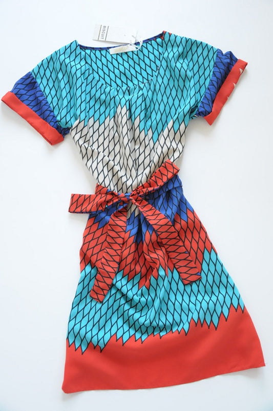 Blue Printed Tie Belt Shift Dress