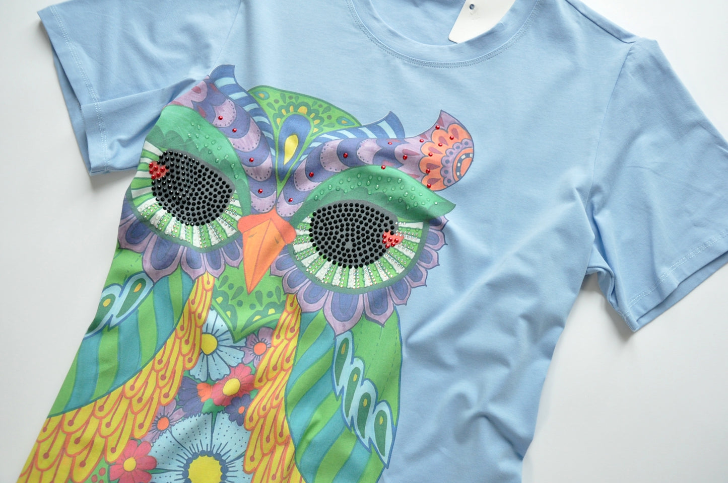 Crystal embellished Owl graphic-print blue cotton T-shirt