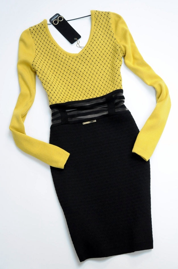 Yellow Knitted Sheer Waist Jumper Dress