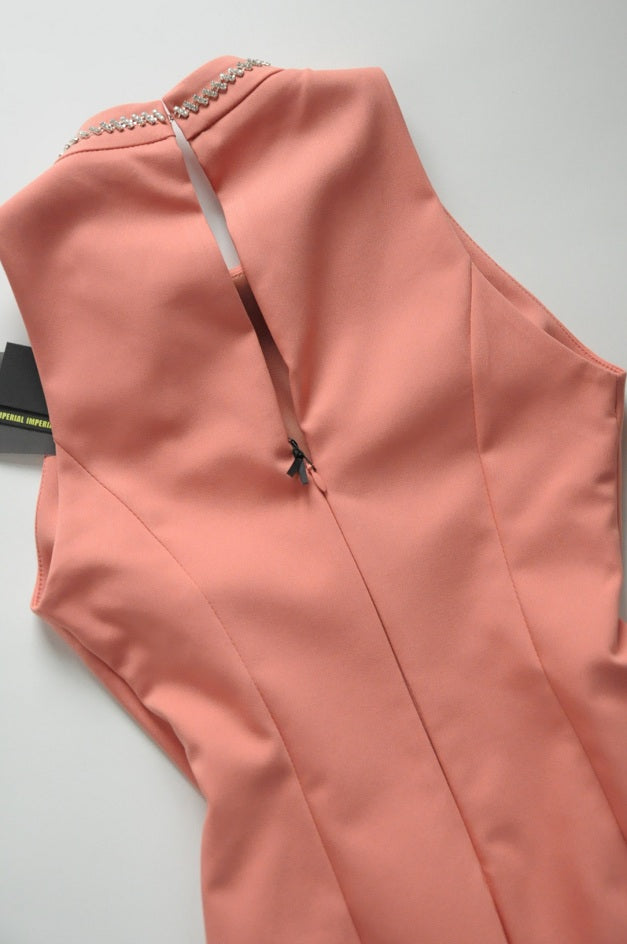 Peach Pink Neck Crystal Embellished Bodycon Dress