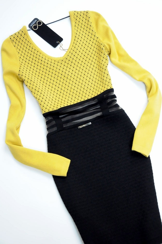 Yellow Knitted Sheer Waist Jumper Dress