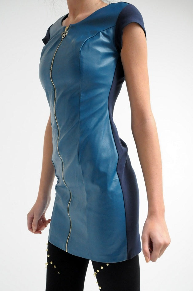 Blue Faux Leather Bodycon Dress