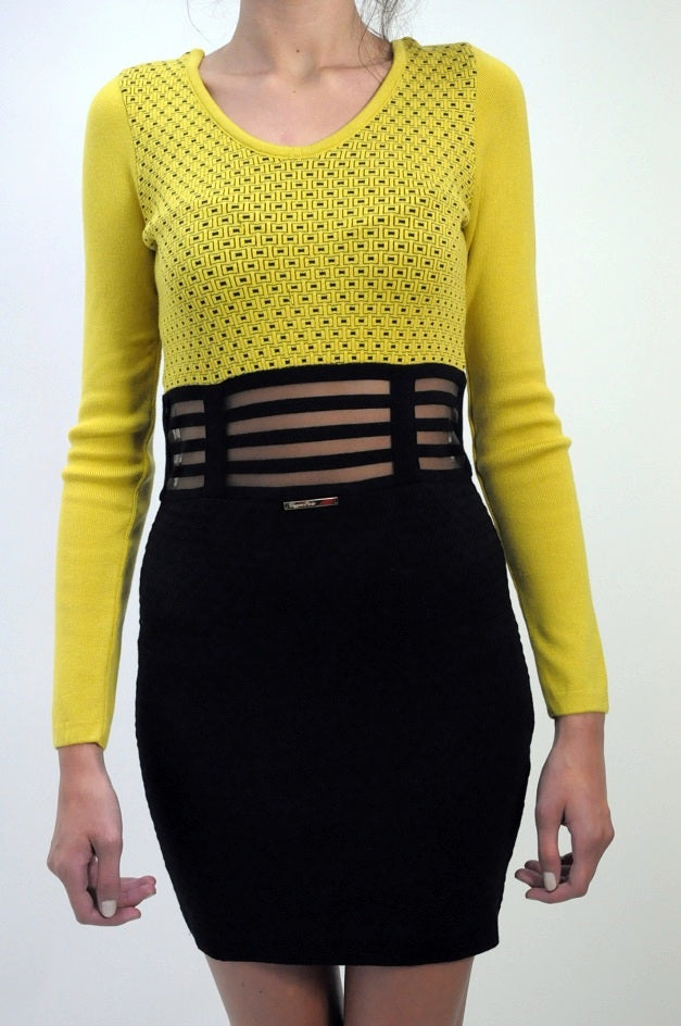 Yellow Knitted Sheer Waist Jumper Dress