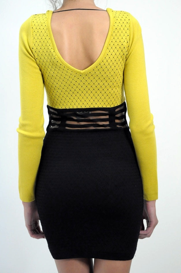 Yellow Knitted Sheer Waist Jumper Dress