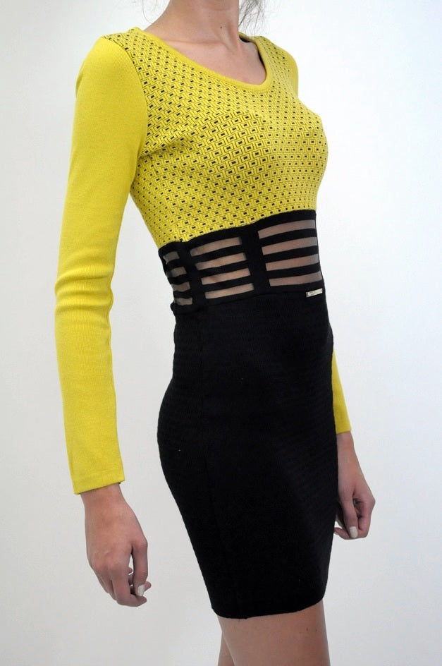 Yellow Knitted Sheer Waist Jumper Dress