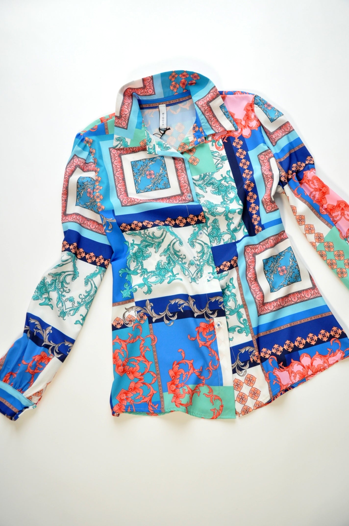 Graphic-print barocco multi-panel blue shirt