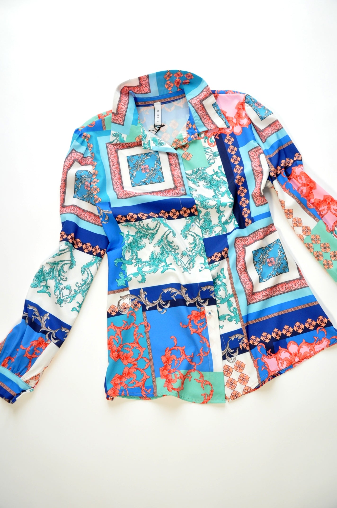 Graphic-print barocco multi-panel blue shirt