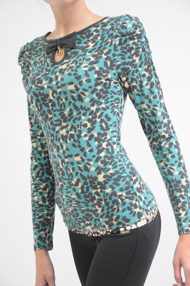 Green Leopard Bowed Stretchy Blouse